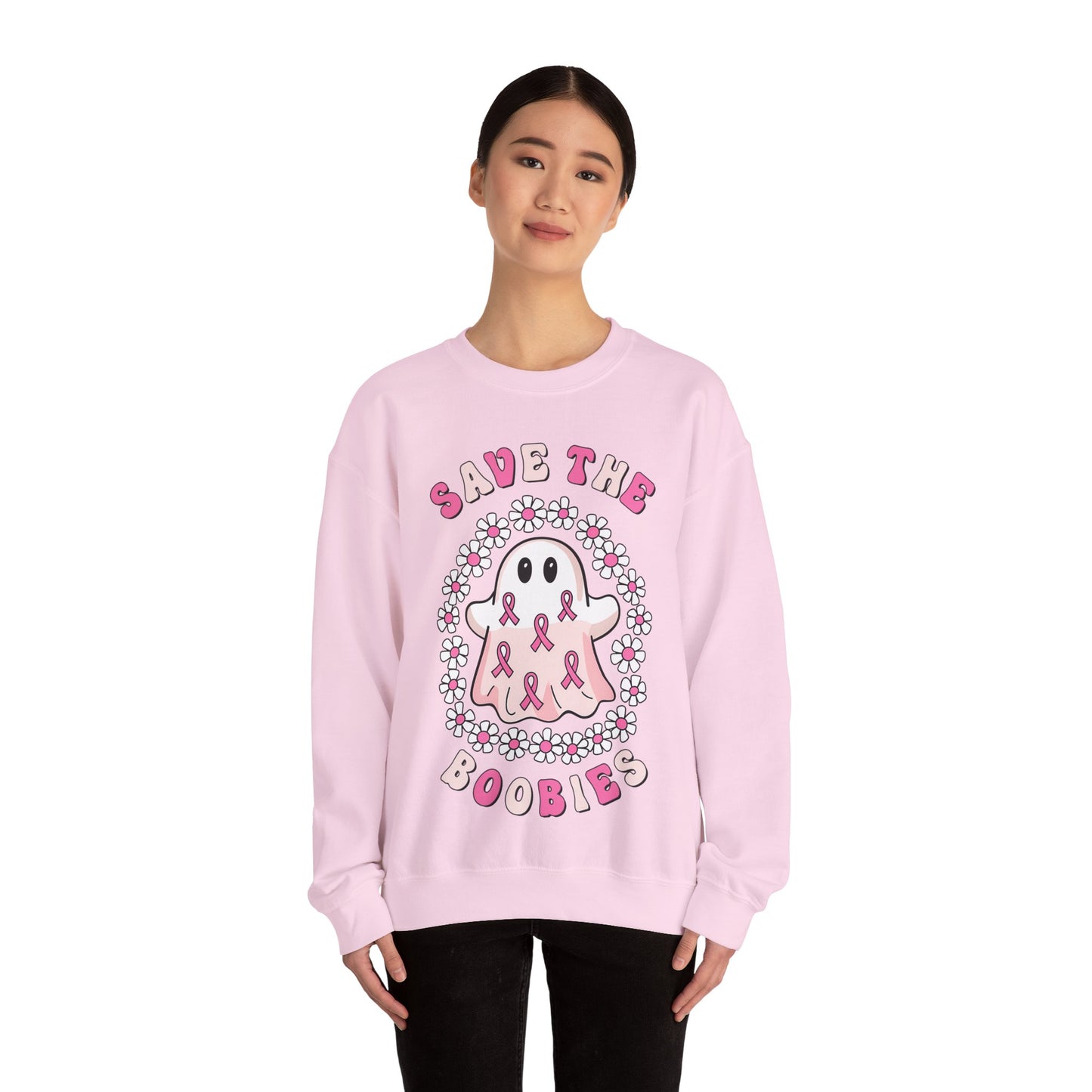 👻🎀 Save the Boobies Ghost Sweatshirt – Cute Breast Cancer Awareness Crewneck