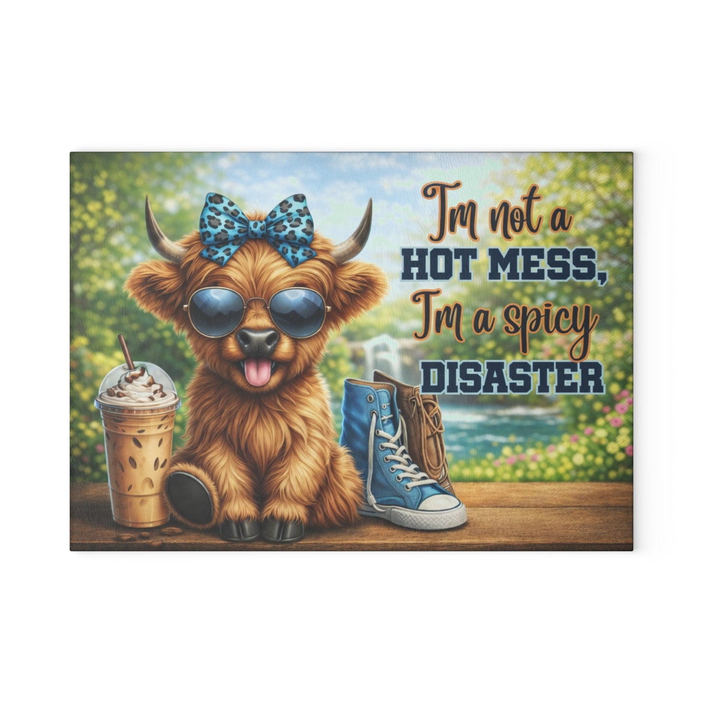 I’m Not a Hot Mess, I’m a Spicy Disaster Glass Cutting Board – Sassy Highland Cow Kitchen Artwork
