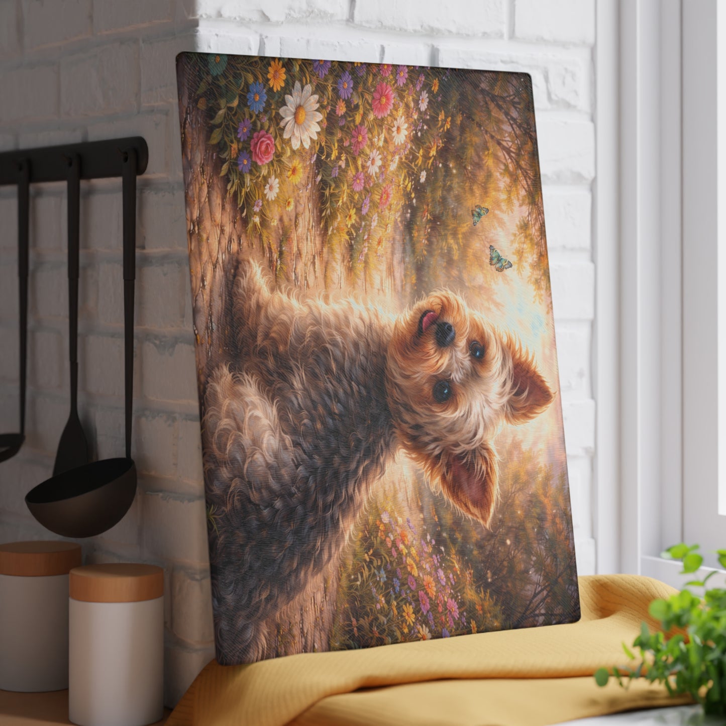 Whimsical Yorkshire Terrier Garden Glass Cutting Board – Personalized Dog Lover Floral Artwork
