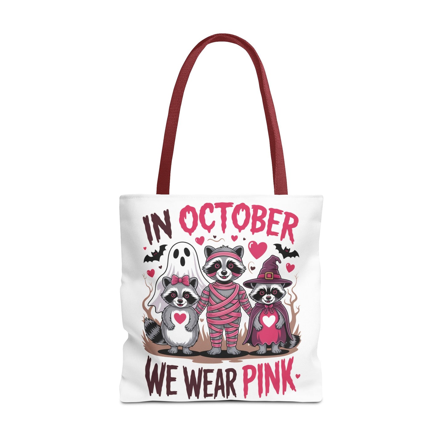 🎀 In October We Wear Pink Raccoon Halloween Tote Bag – Spooky Cute Awareness Style 🦝👜