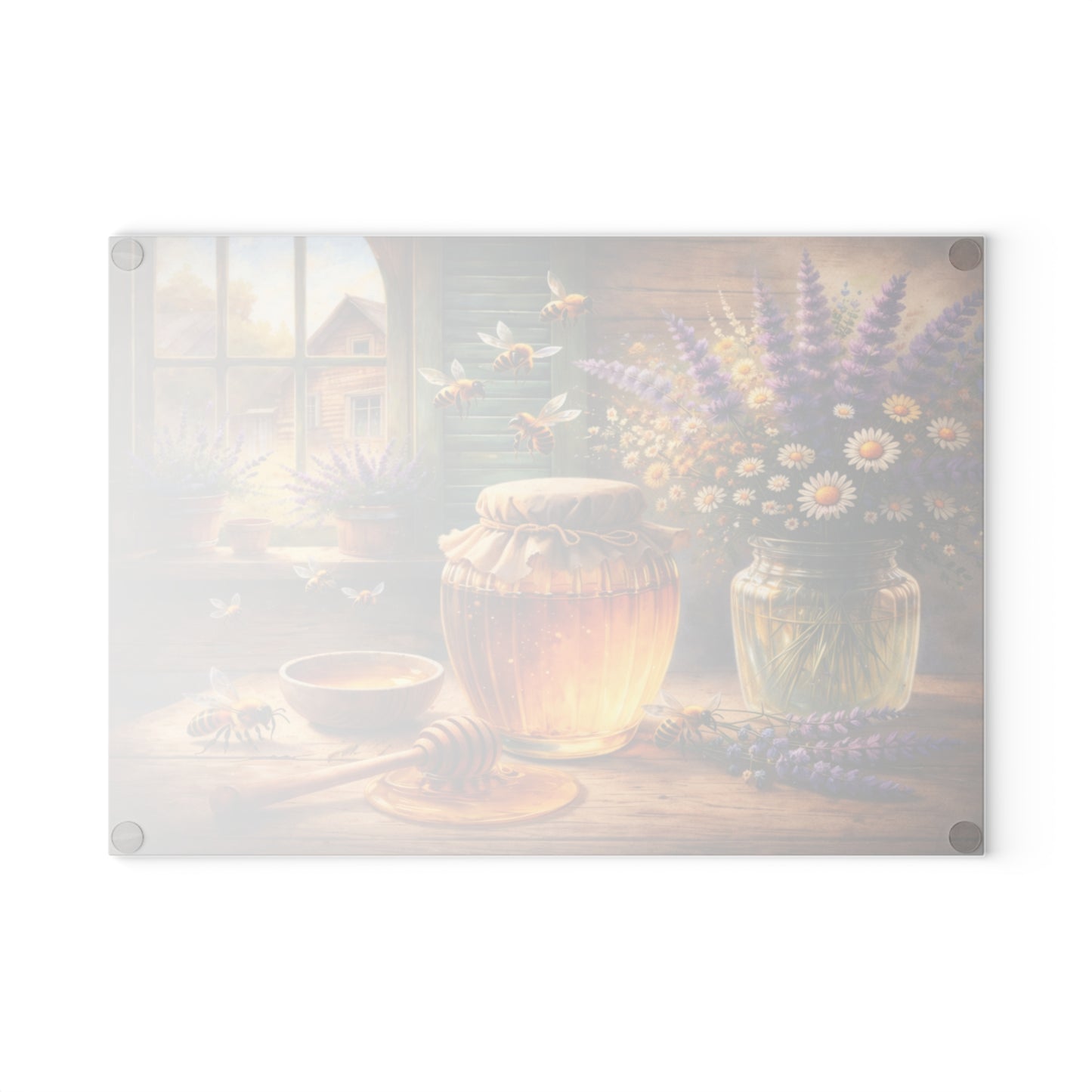 Golden Honey & Wildflowers Glass Cutting Board – Cozy Cottage Beekeeping Kitchen Art