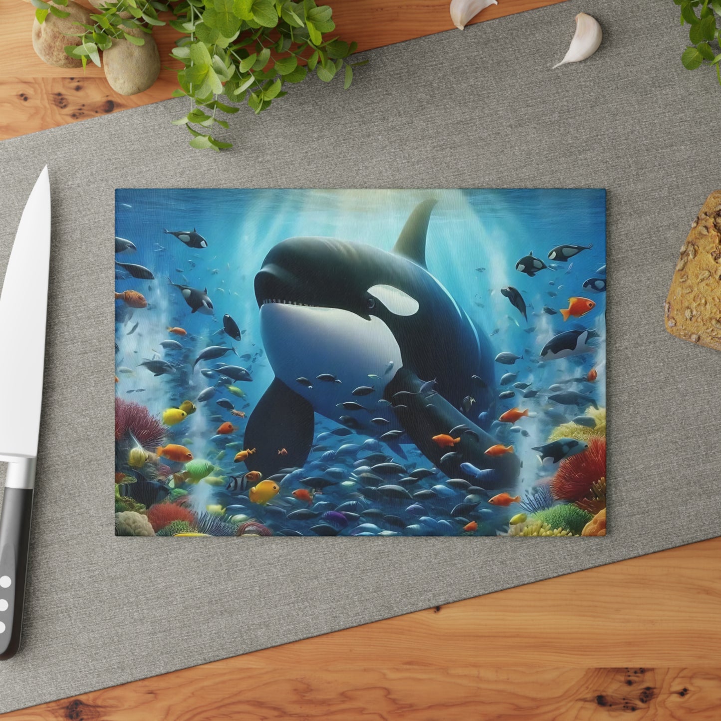 Tabla de cortar con escena oceánica, diseño de ballena, decoración de cocina, regalo para chefs, casa de playa, regalo de inauguración de la casa, cocina costera, tabla de charcutería