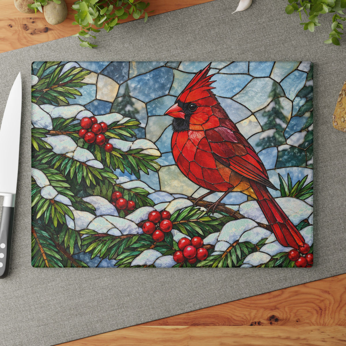 Winter Cardinal Stained-Glass-Look Glass Cutting Board