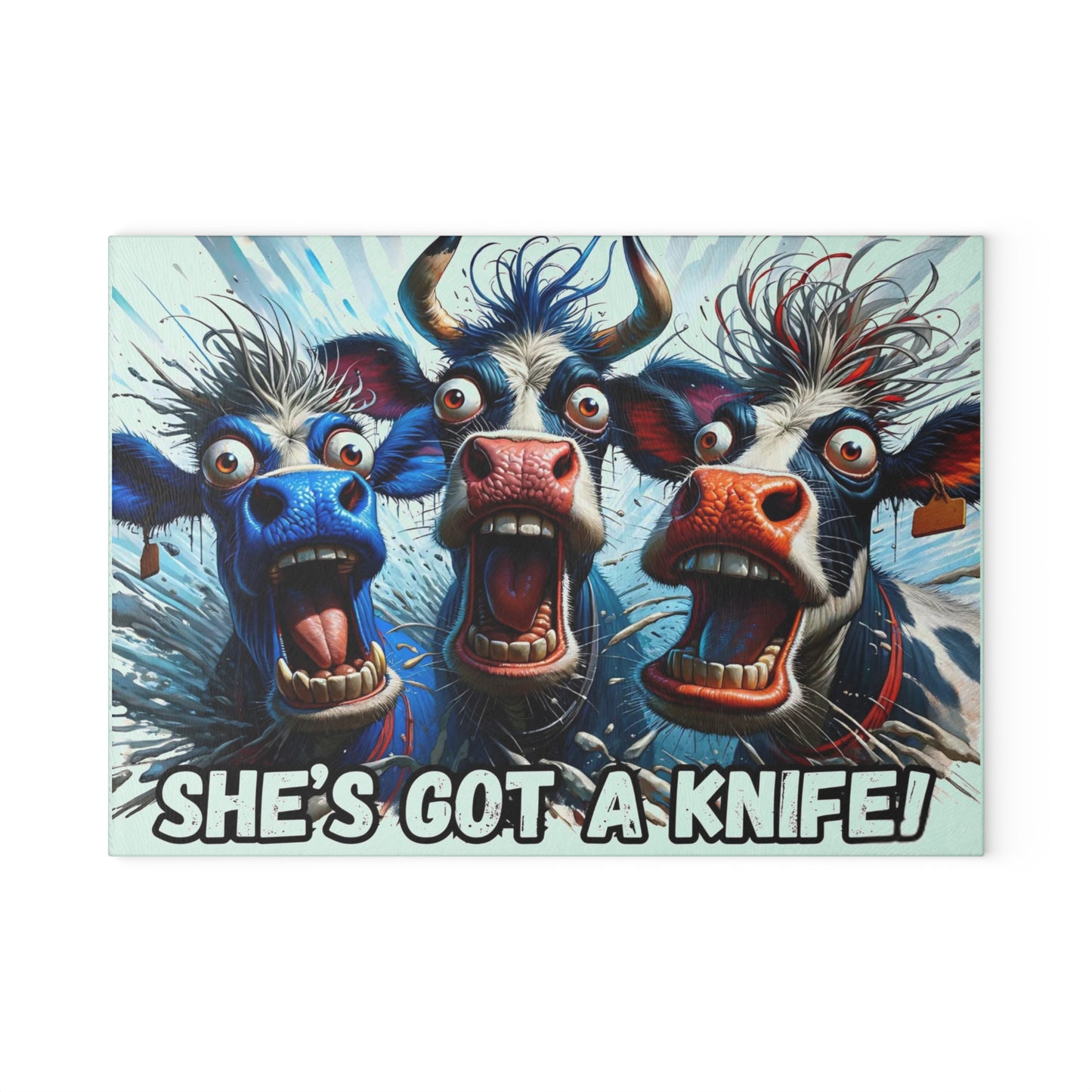 🐮🔪 “She’s Got a Knife!” Glass Cutting Board – Hilarious Farmhouse Horror Vibes