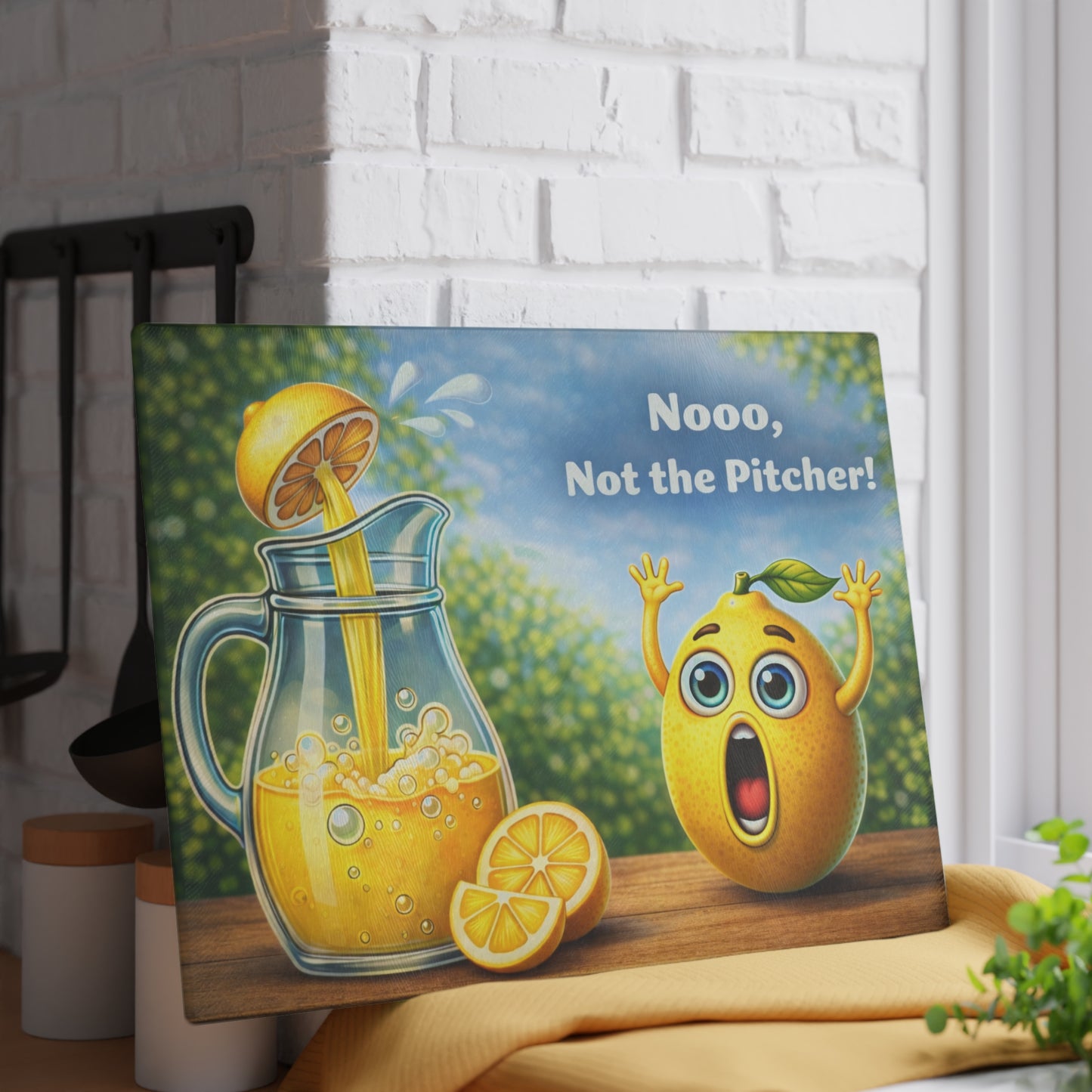 Nooo, Not the Pitcher! Glass Cutting Board – Playful Lemonade Humor Kitchen Artwork