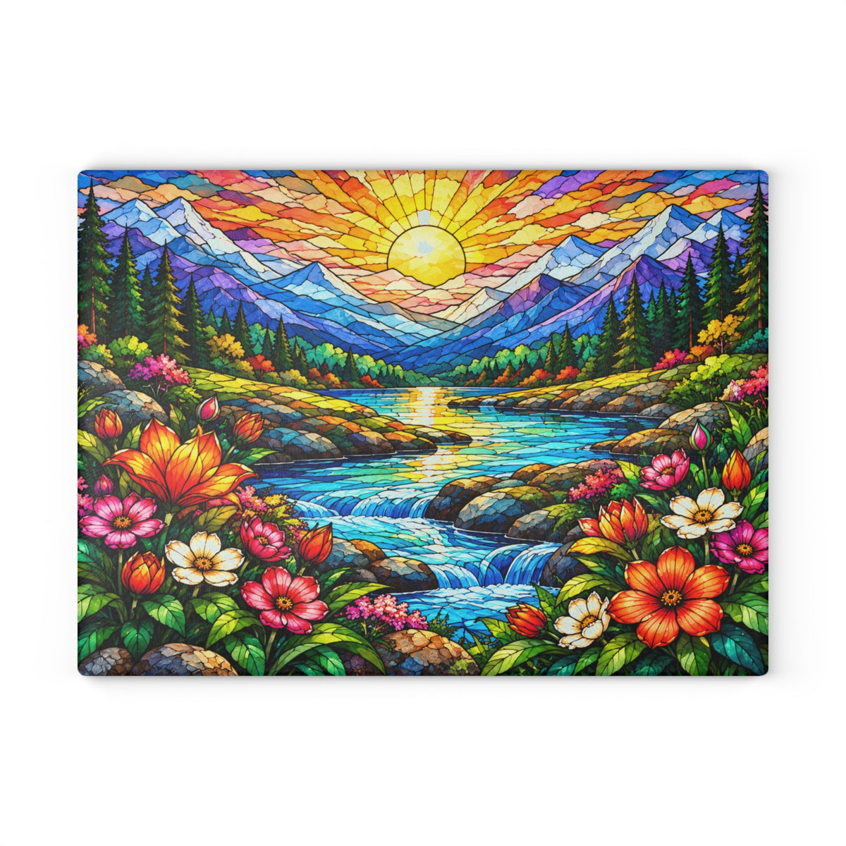 Stained-Glass-Inspired Mountain Sunset Cutting Board – Colorful Wildflowers, Alpine Lake & Waterfall Kitchen Décor