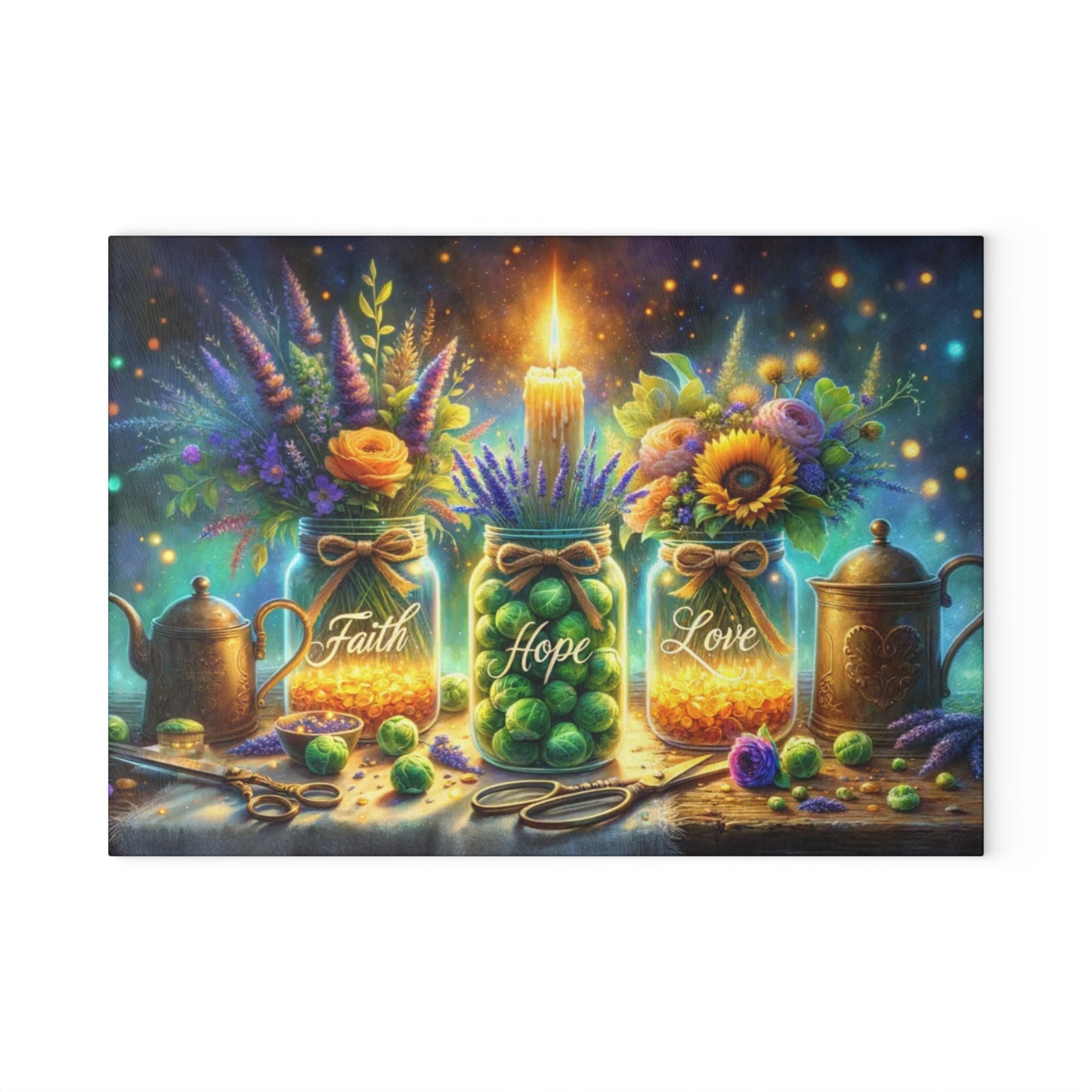 🕯️🌼 “Faith • Hope • Love” Mason Jar Glass Cutting Board – Warm Glow for Your Kitchen