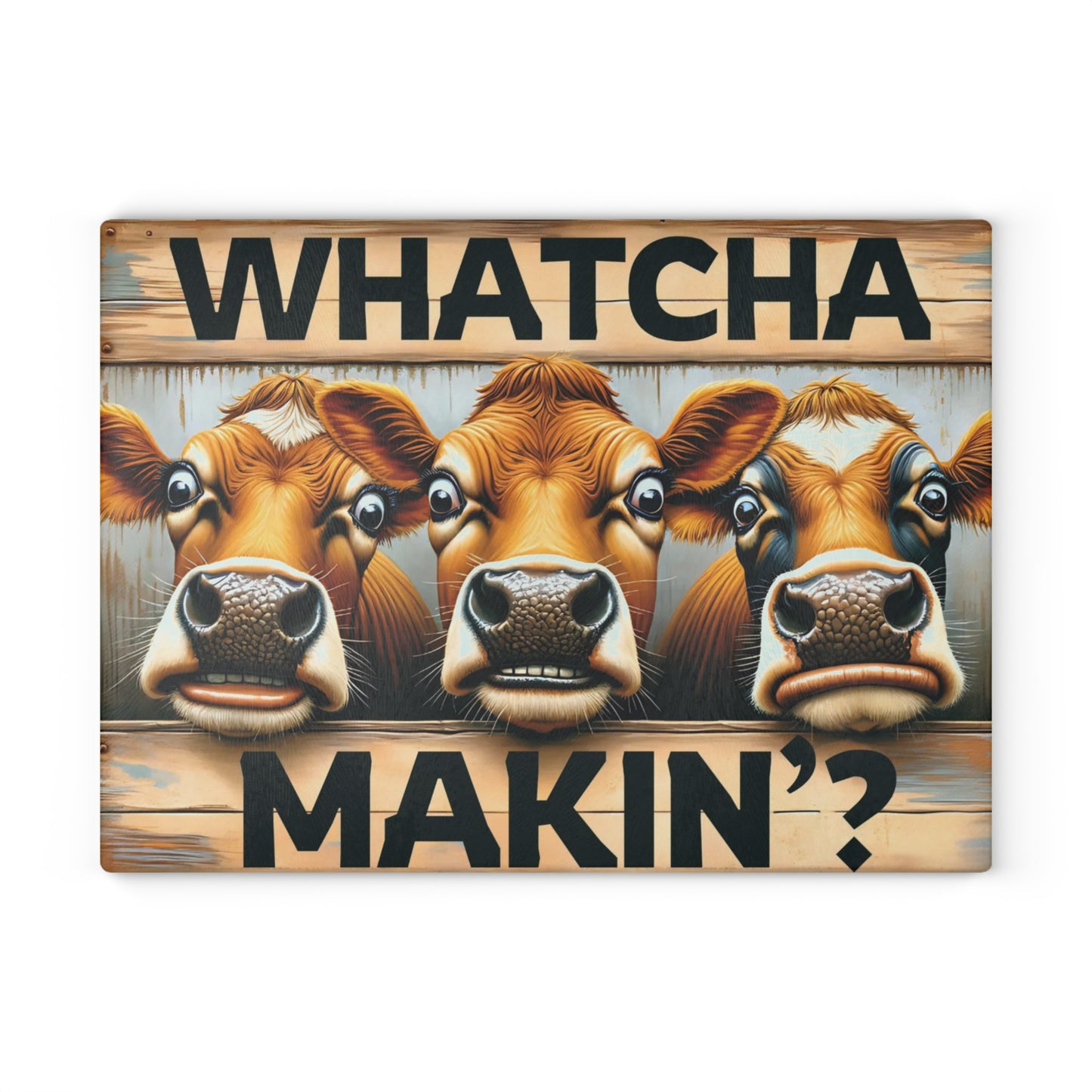 🐮🤠 “Whatcha Makin’?” Glass Cutting Board – Cozy Charm for Your Kitchen