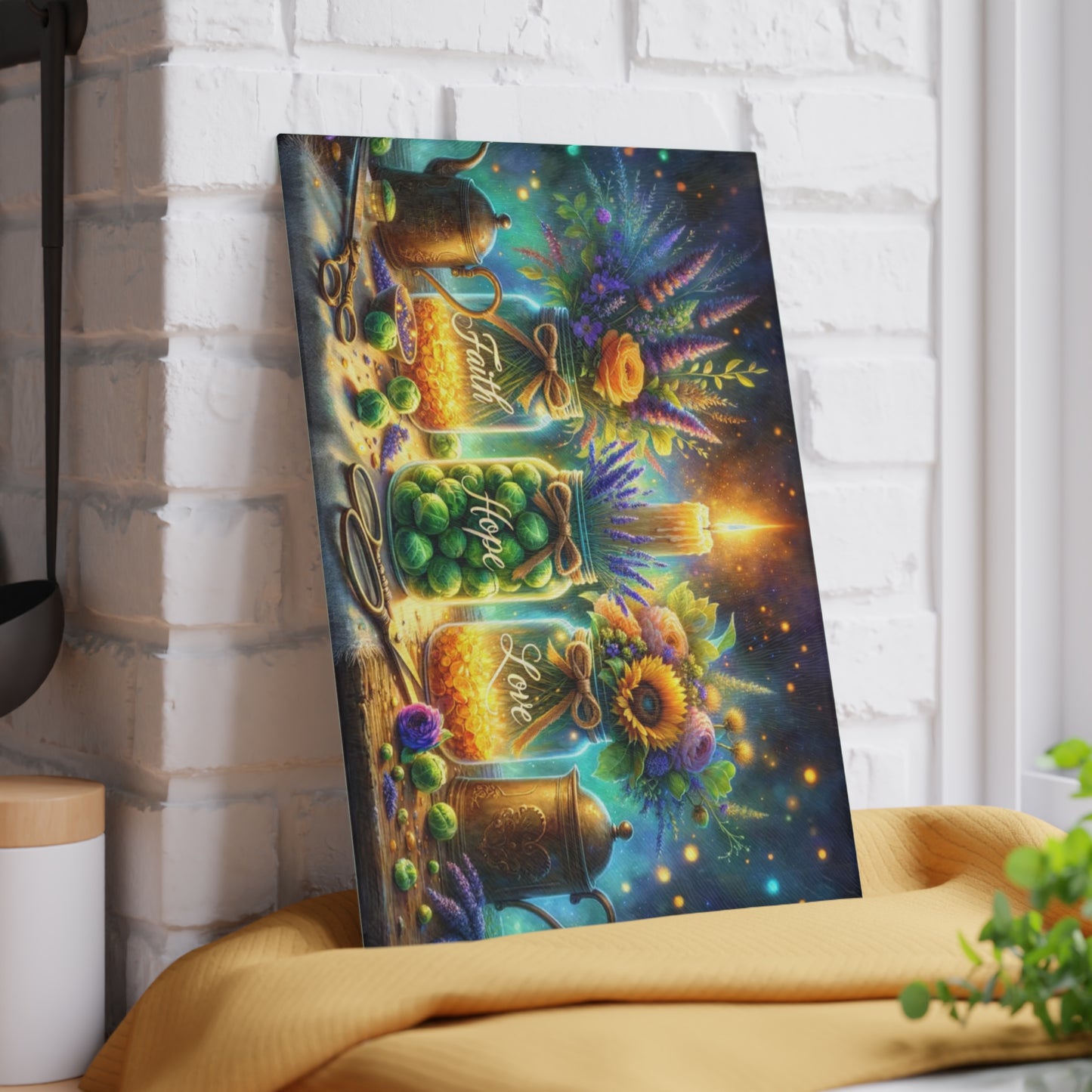 🕯️🌼 “Faith • Hope • Love” Mason Jar Glass Cutting Board – Warm Glow for Your Kitchen