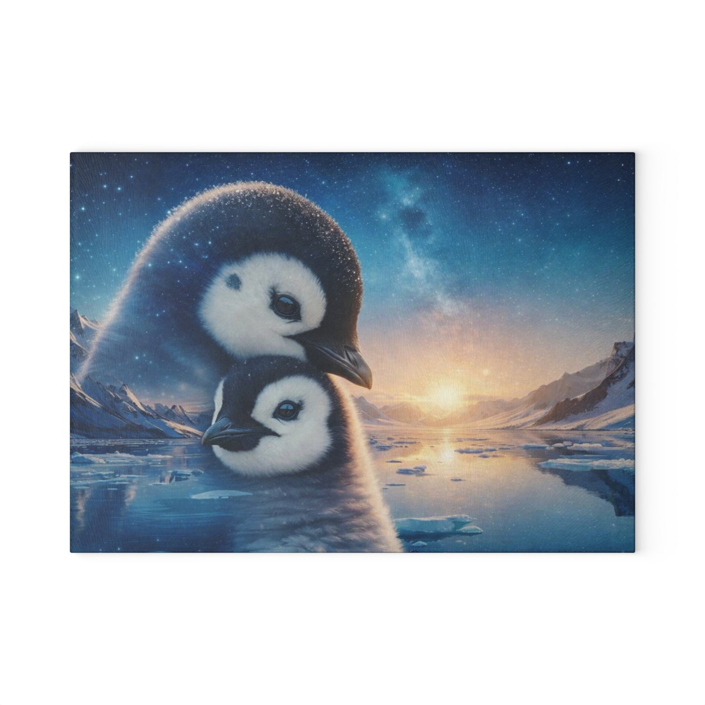 Arctic Penguin Family Northern Sky Glass Cutting Board – Peaceful Polar Wildlife Kitchen Art