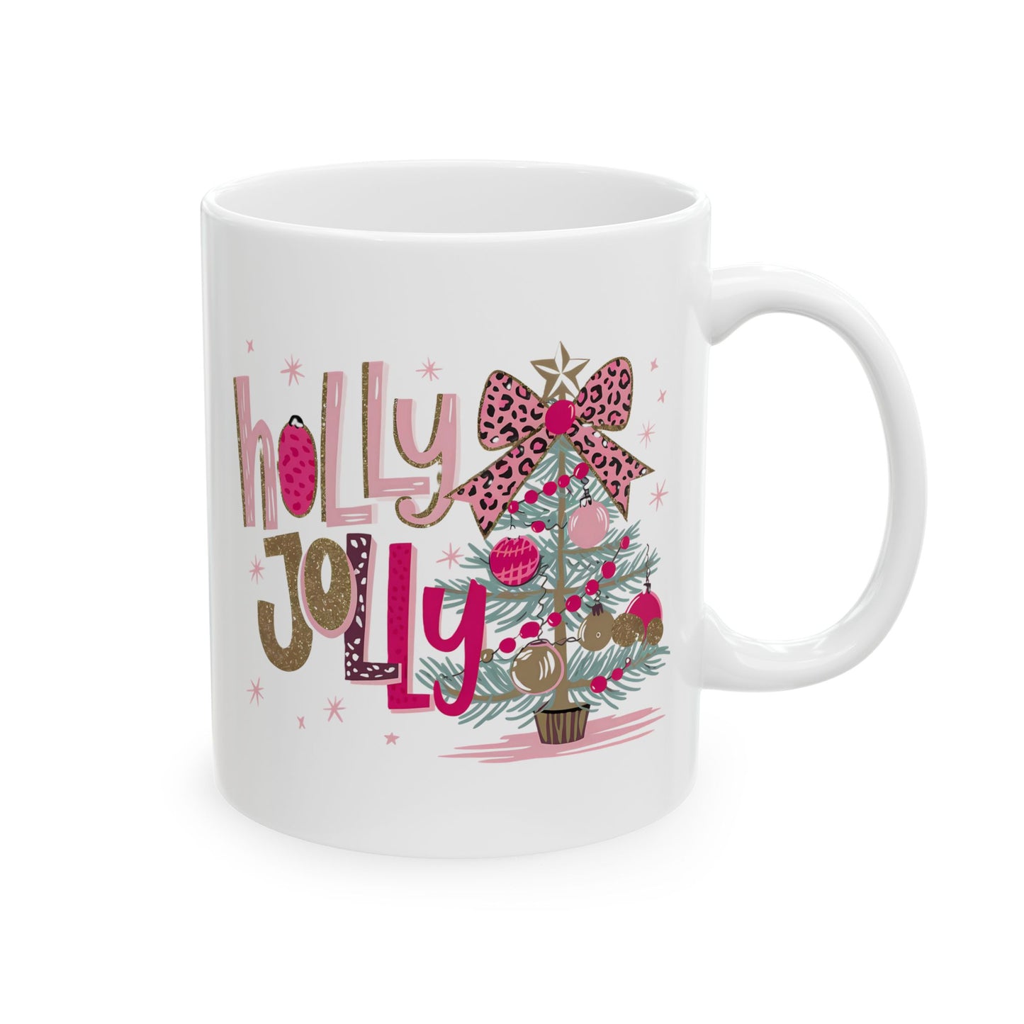 🎀🌟 Holly Jolly Christmas Mug – Glam Tree, Leopard Bow, and Holiday Sass 🎄💖
