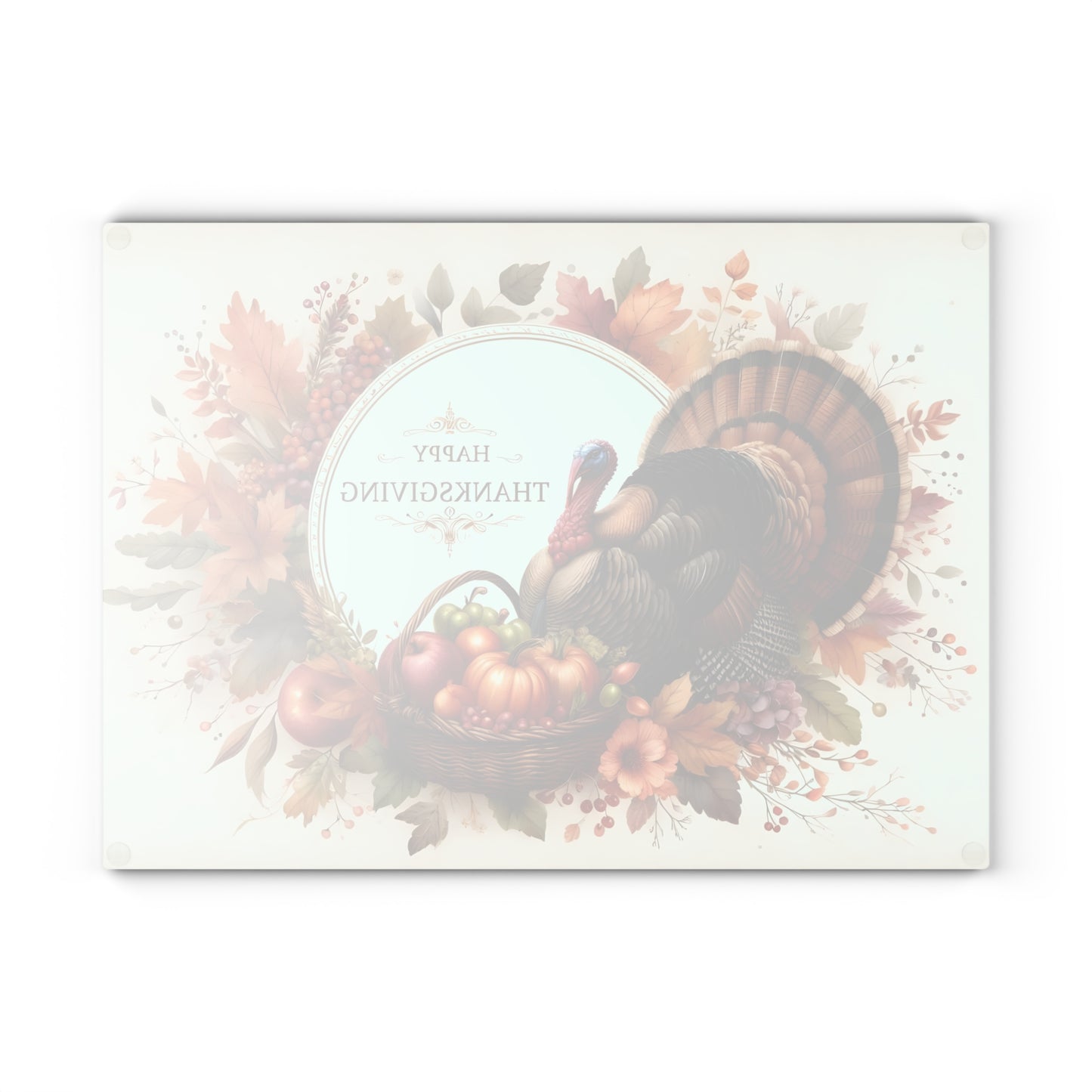 🦃🍁 “Happy Thanksgiving” Turkey & Harvest Basket Glass Cutting Board – Elegant Fall Décor ✨🌾