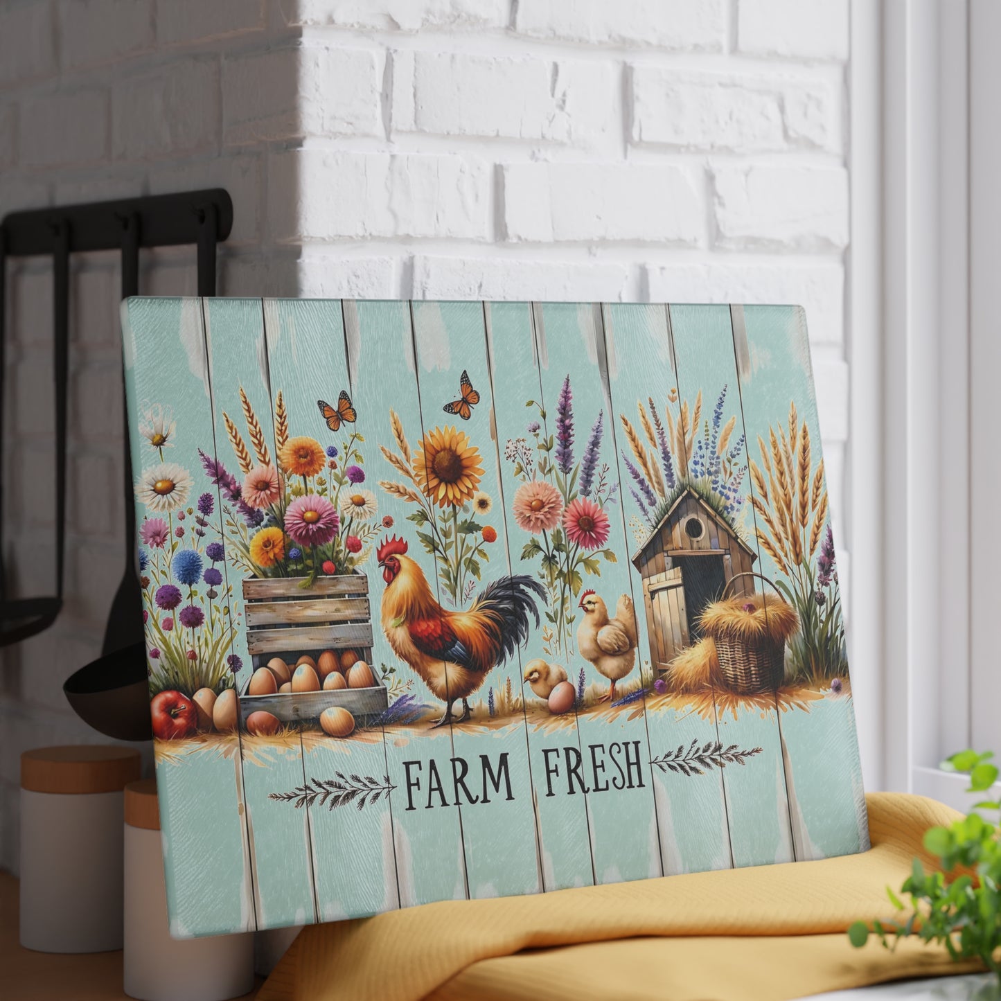🐓🌾 Farm Fresh Cutting Board – Rustic Rooster & Countryside Charm 🥚🌸