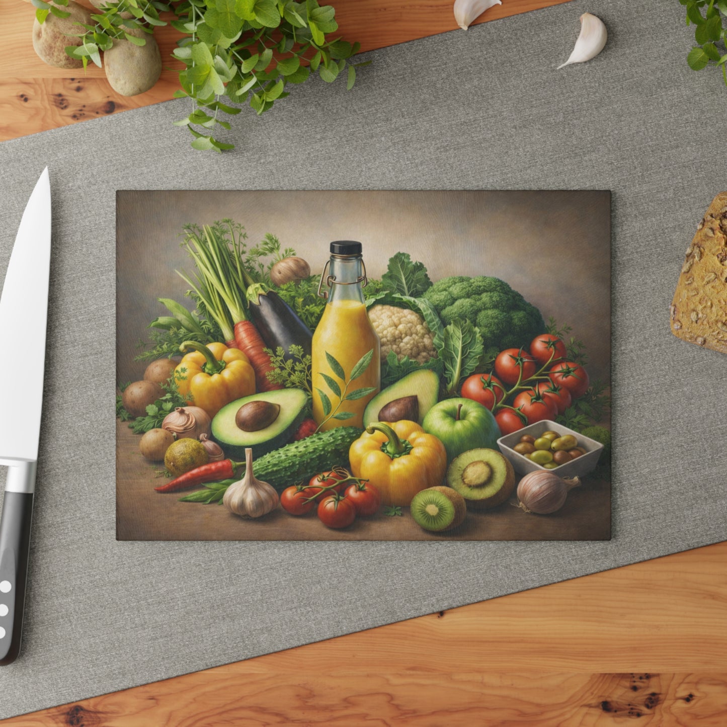 Garden Harvest Still Life Glass Cutting Board – Rustic Vegetable & Fresh Produce Kitchen Art