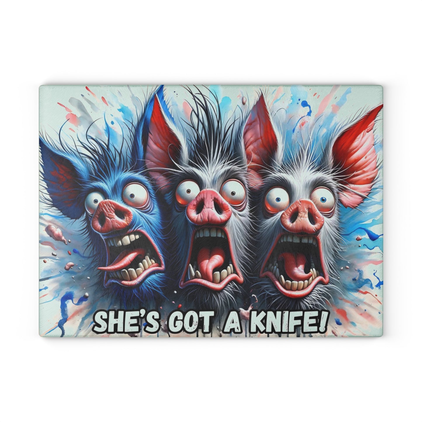 🐷🔪 “She’s Got a Knife!” Glass Cutting Board – Hilariously Spooky Farmhouse Vibes