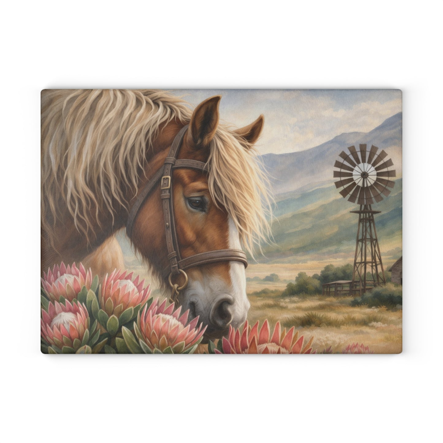 Western Horse and Windmill Glass Cutting Board – Rustic Farmhouse Country Kitchen Decor