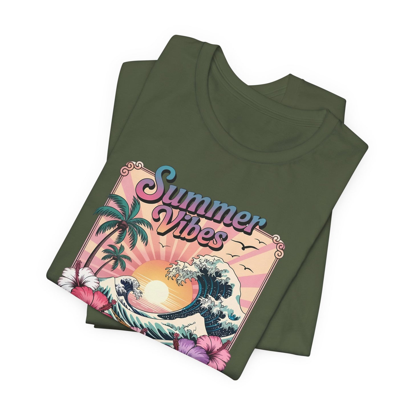 ☀️ Camiseta Summer Vibes – Ola playera vibrante, hibisco y palmeras | Camiseta gráfica para mujer