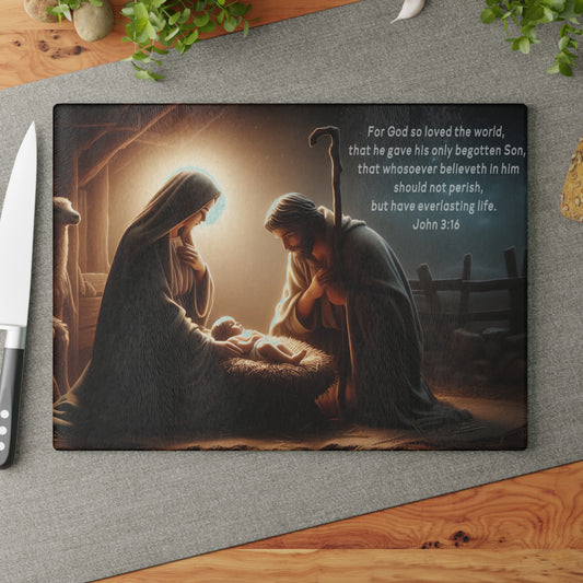 🌟🙏 Nativity Scene Cutting Board – John 3:16 Christmas Kitchen Décor ✝️✨