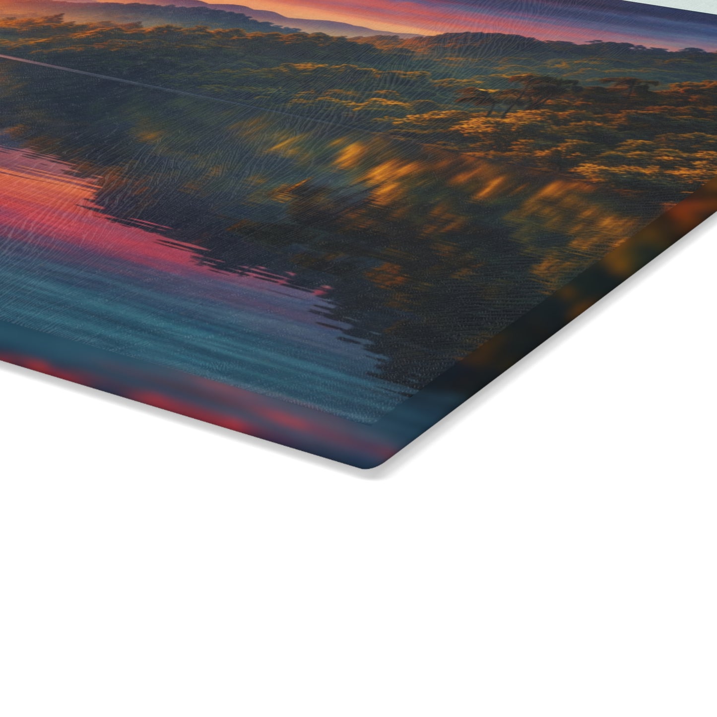 Sunset Mountain Lake Glass Cutting Board – Peaceful Nature Landscape Kitchen Art