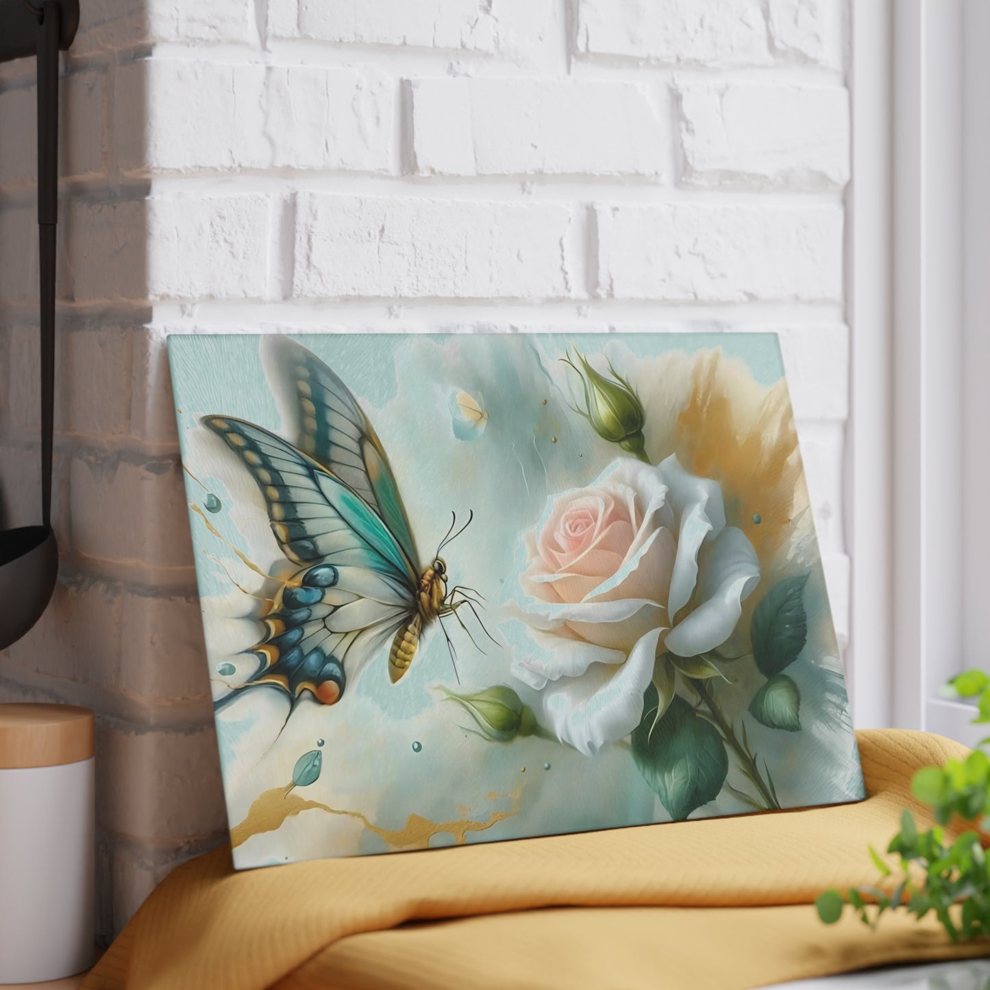 Butterfly & Single Rose Glass Cutting Board – Graceful Beauty for Your Kitchen