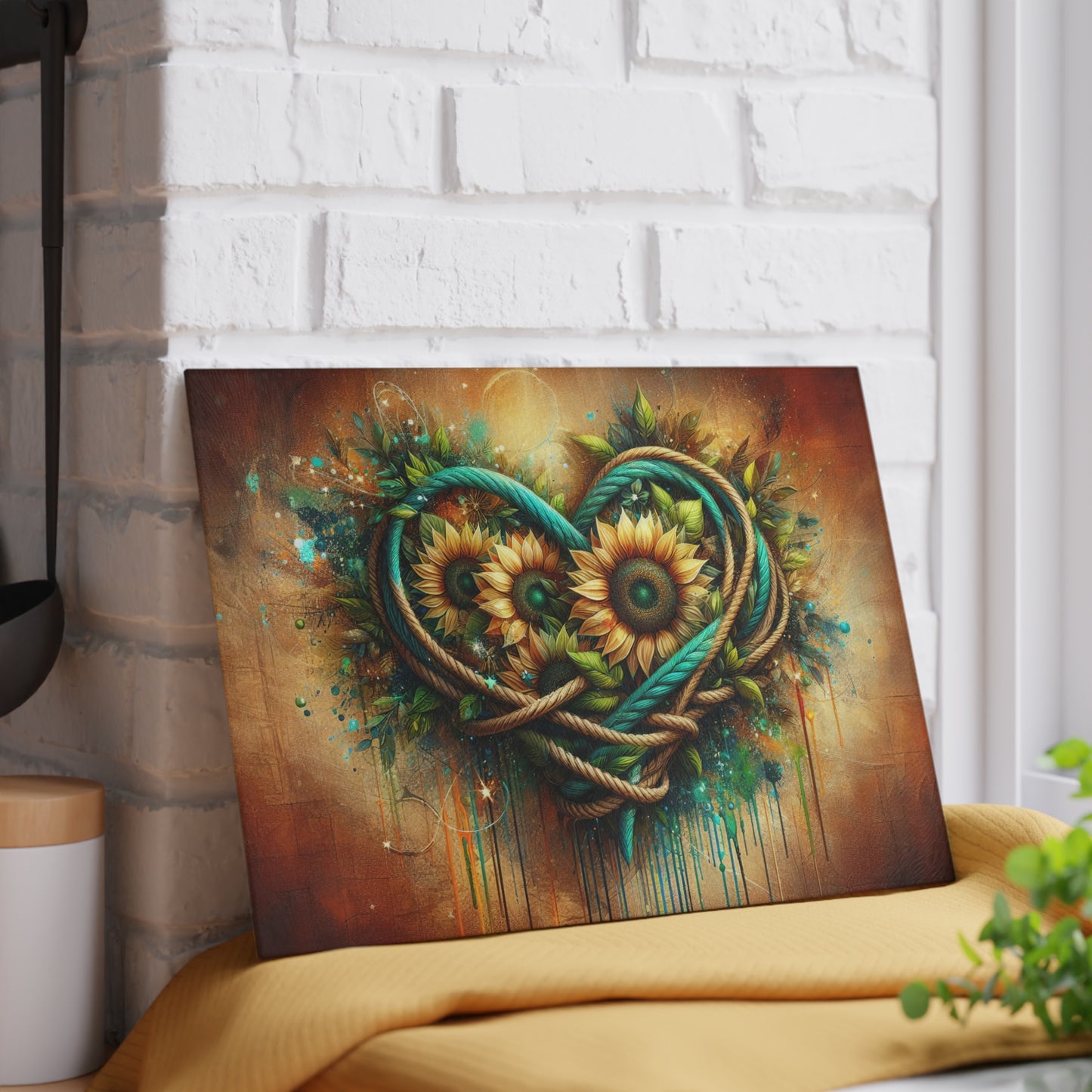 Sunflower Rope Heart Glass Cutting Board – Rustic Floral Love Kitchen Display