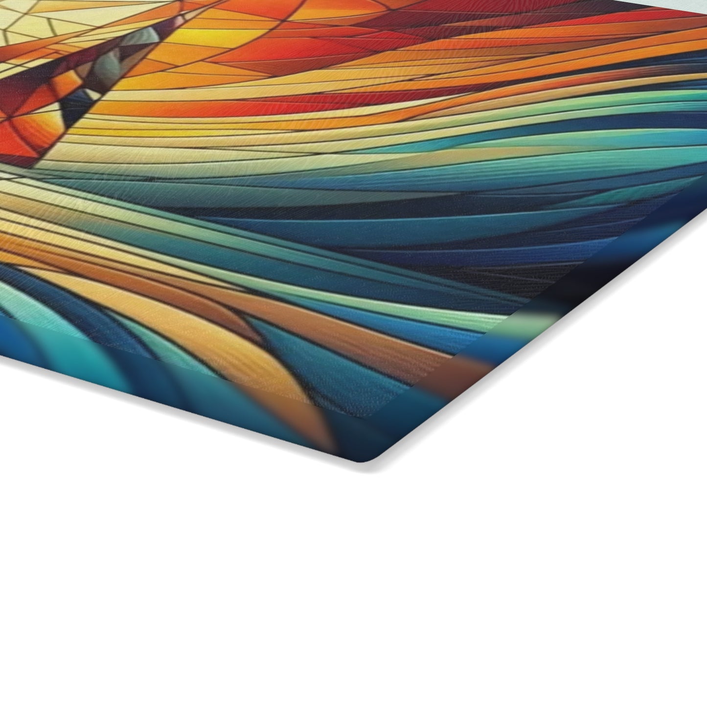 Tabla de cortar con diseño de velero al atardecer con aspecto de vitral: arte costero colorido para la cocina