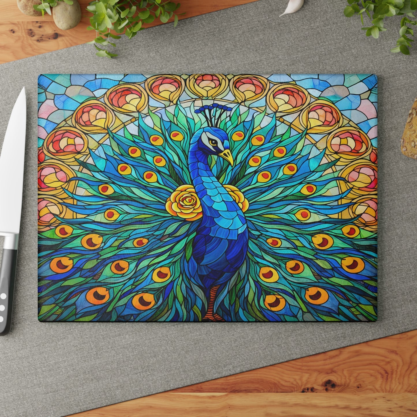 Stained Glass Style Peacock Glass Cutting Board – Vibrant Jewel-Tone Art Kitchen Decor