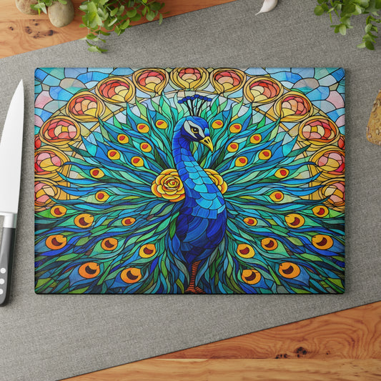 Stained Glass Style Peacock Glass Cutting Board – Vibrant Jewel-Tone Art Kitchen Decor