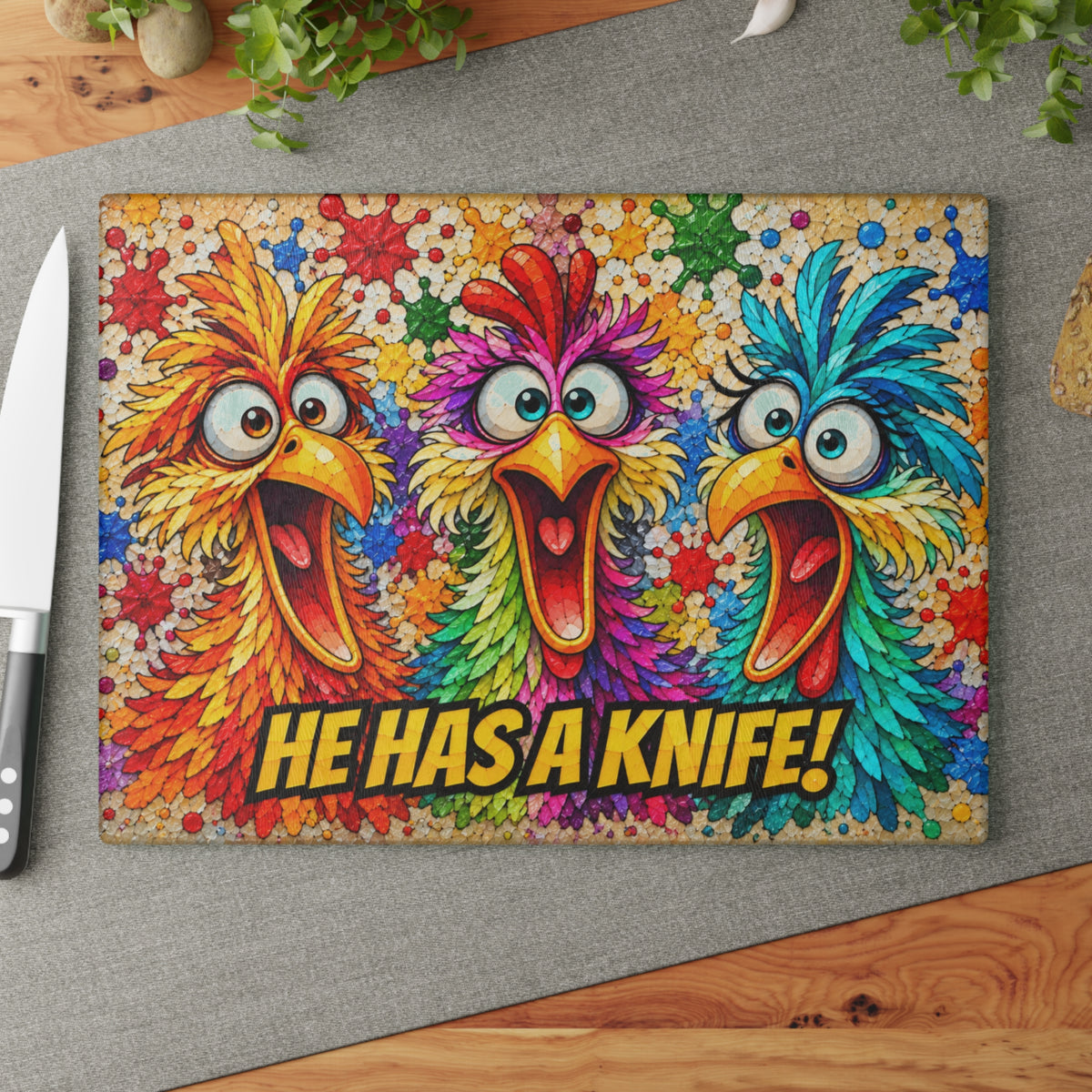 He Has a Knife! Funny Colorful Birds Stained-Glass-Inspired Glass Cutting Board
