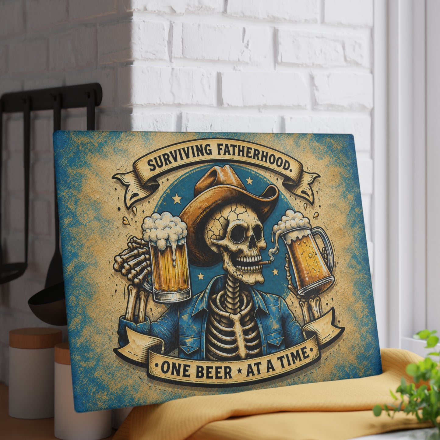 Surviving Fatherhood One Beer at a Time Glass Cutting Board – Funny Dad Skeleton Cowboy Decor