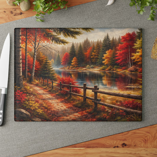 Autumn Lakeside Path Glass Cutting Board – Rustic Fall Forest Lake Kitchen Art
