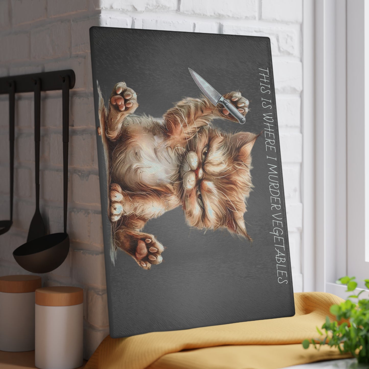"This is Where I Murder Vegetables" – Funny Cat Glass Cutting Board