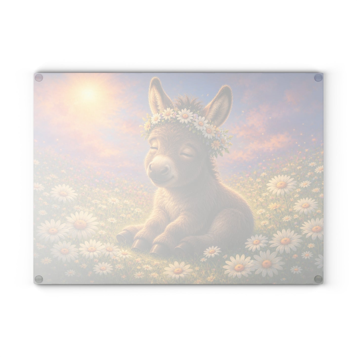 Baby Donkey in Daisy Field Glass Cutting Board – Adorable Farm Animal Kitchen Decor with Floral Meadow Artwork