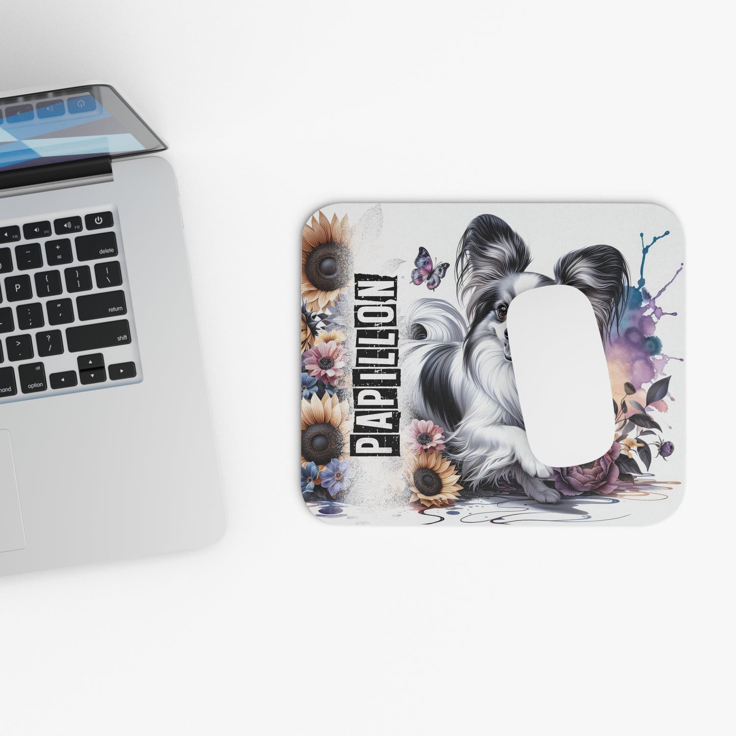 🖱️🦋🌻 Papillon Mouse Pad – Butterfly-Ear Pup with Sunflowers & Florals