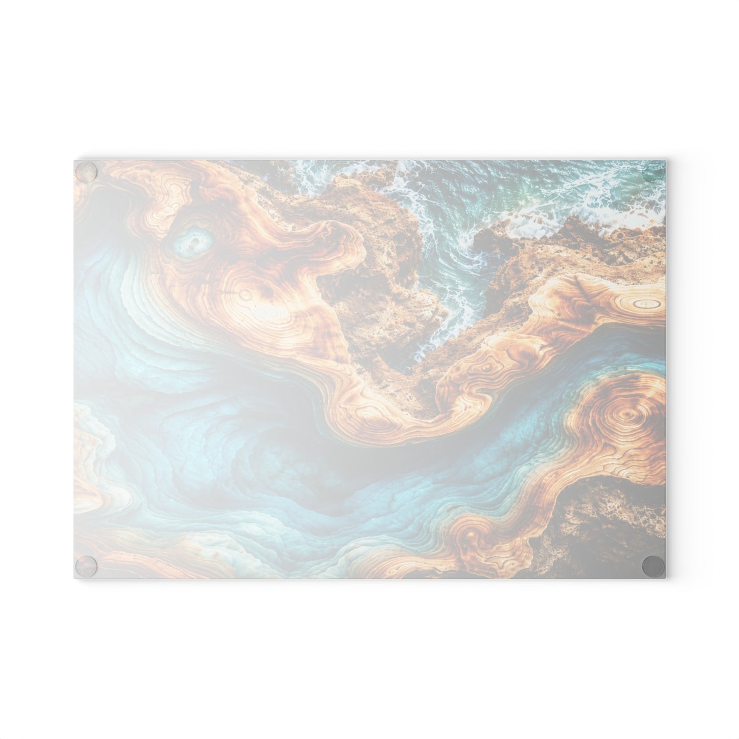 Coastal Ocean Resin-Style Abstract Glass Cutting Board – Turquoise Shoreline Artwork