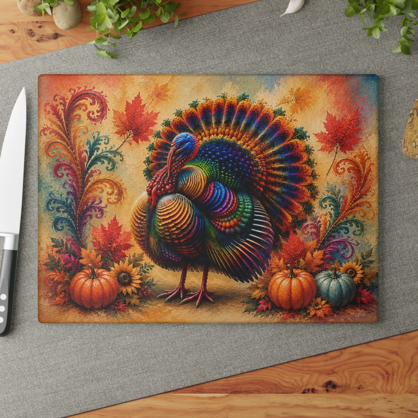 Colorful Thanksgiving Turkey Glass Cutting Board – Vibrant Autumn Pumpkin & Sunflower Kitchen Decor