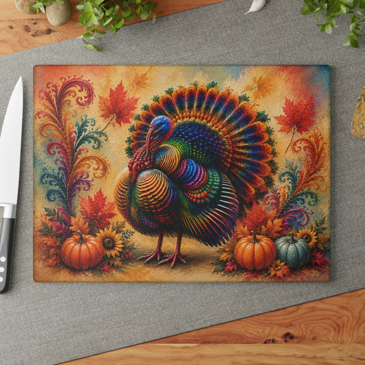 Colorful Thanksgiving Turkey Glass Cutting Board – Vibrant Autumn Pumpkin & Sunflower Kitchen Decor