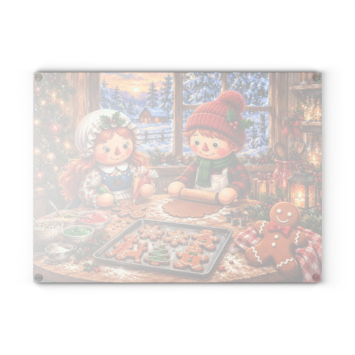 Christmas Gingerbread Boy and Girl Baking Tempered Glass Cutting Board – Cozy Farmhouse Holiday Kitchen Art – 11 × 15 Inches