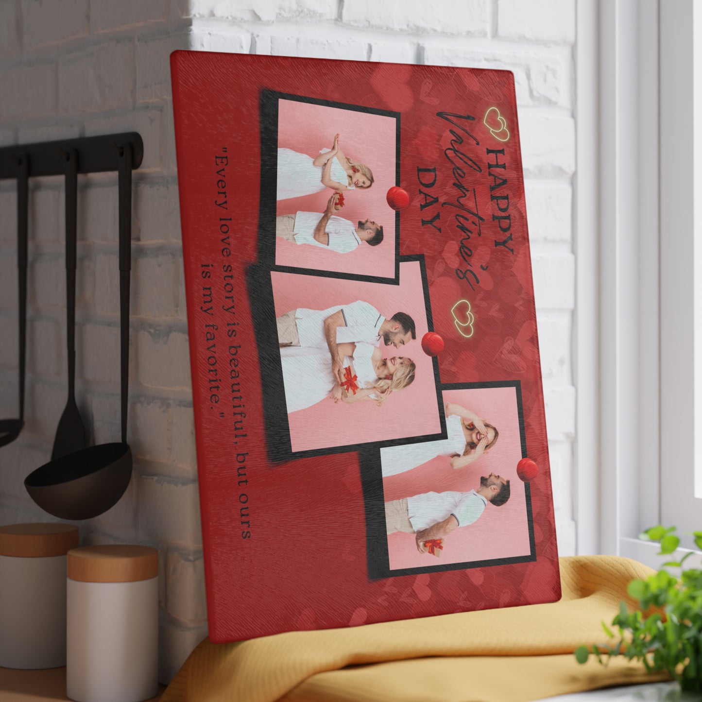 Happy Valentine’s Day Photo Collage Glass Cutting Board – Romantic Personalized Keepsake