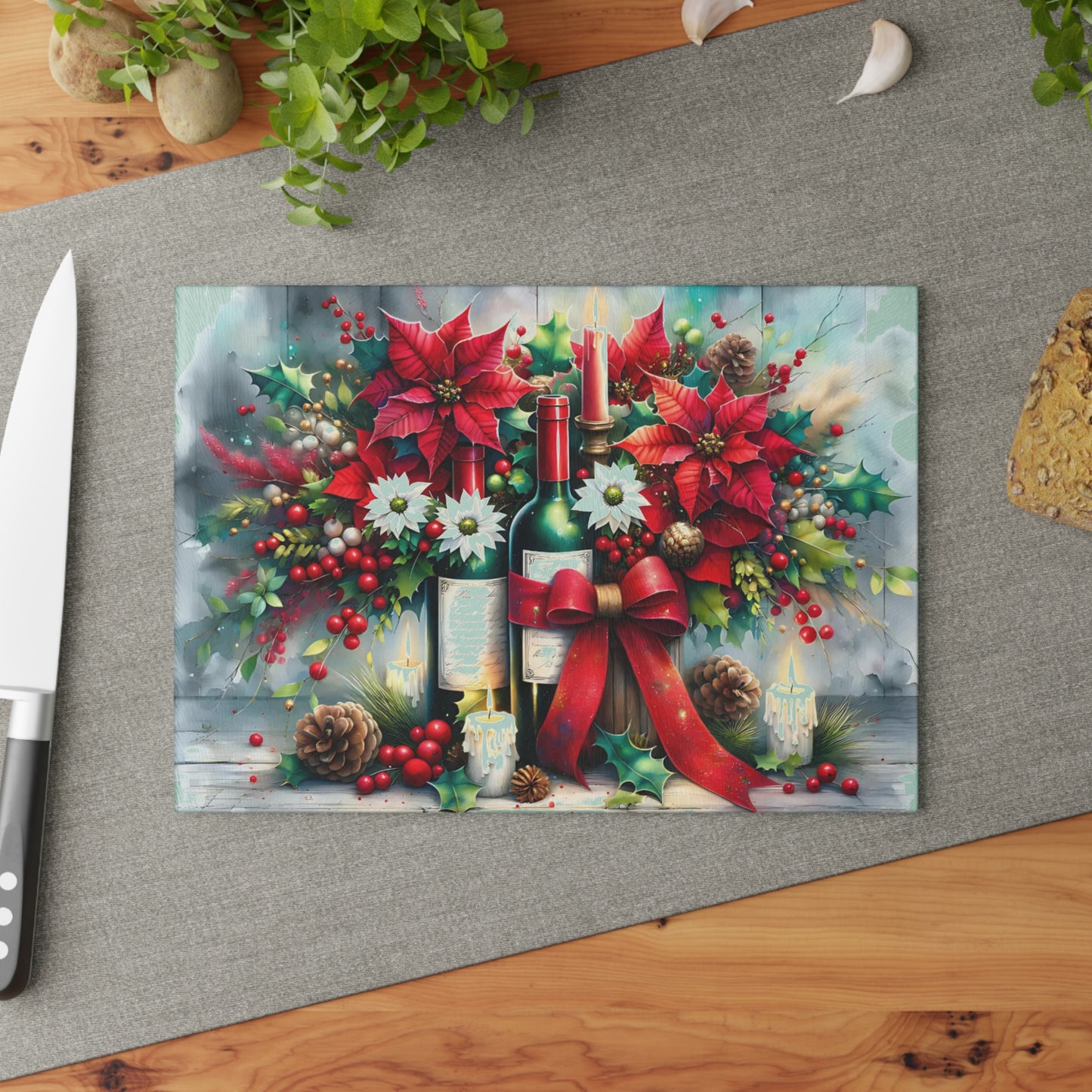 🎁🍷 “Poinsettias & Pinot” Glass Cutting Board – Festive Floral Wine Scene for Your Holiday Kitchen