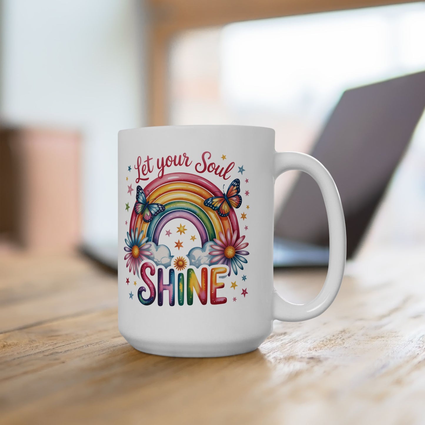 Taza motivacional arcoíris "Deja que tu alma brille"