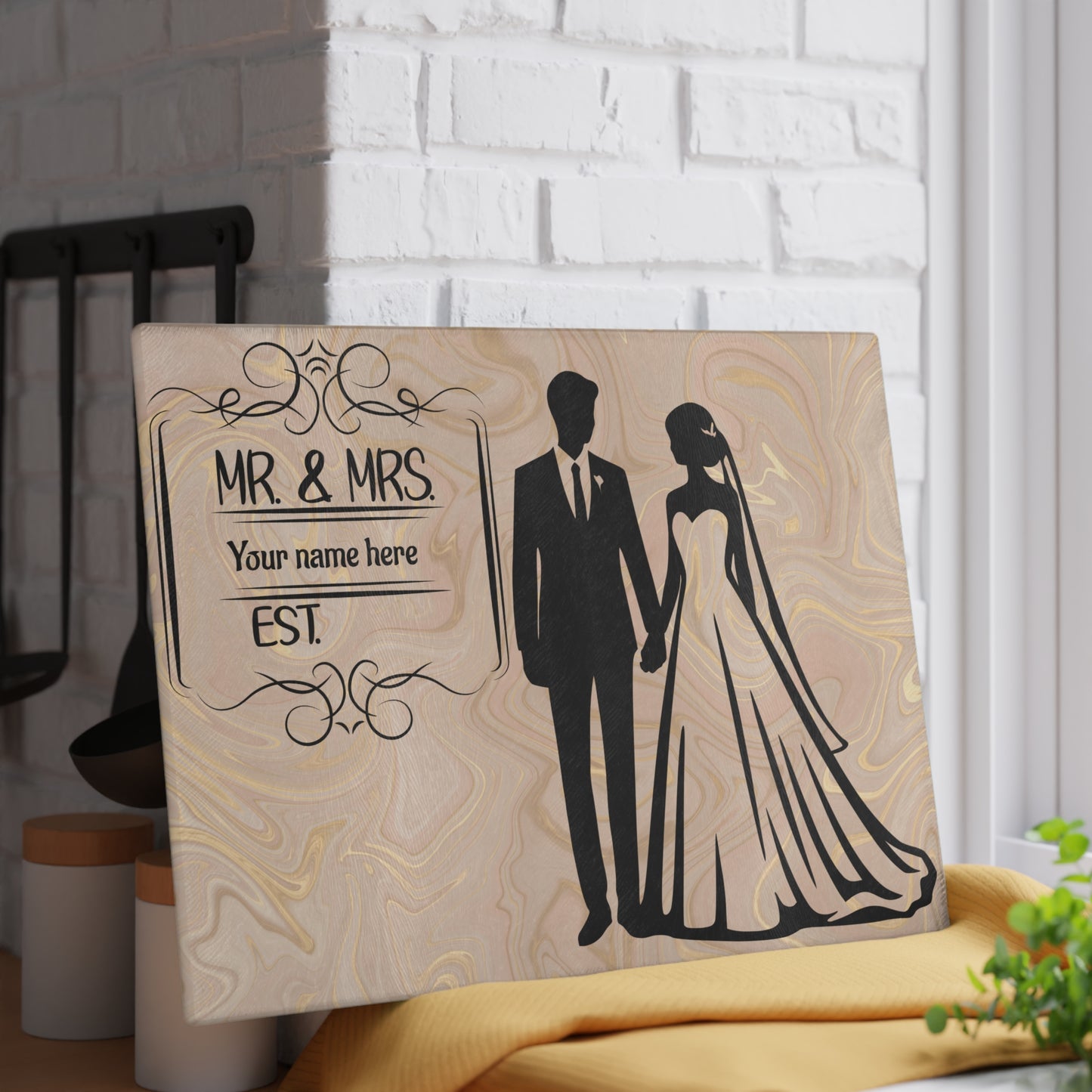 👰‍♀️ Tabla de cortar elegante con aspecto de mármol para Sr. y Sra.: regalo de boda personalizado con apellido y año