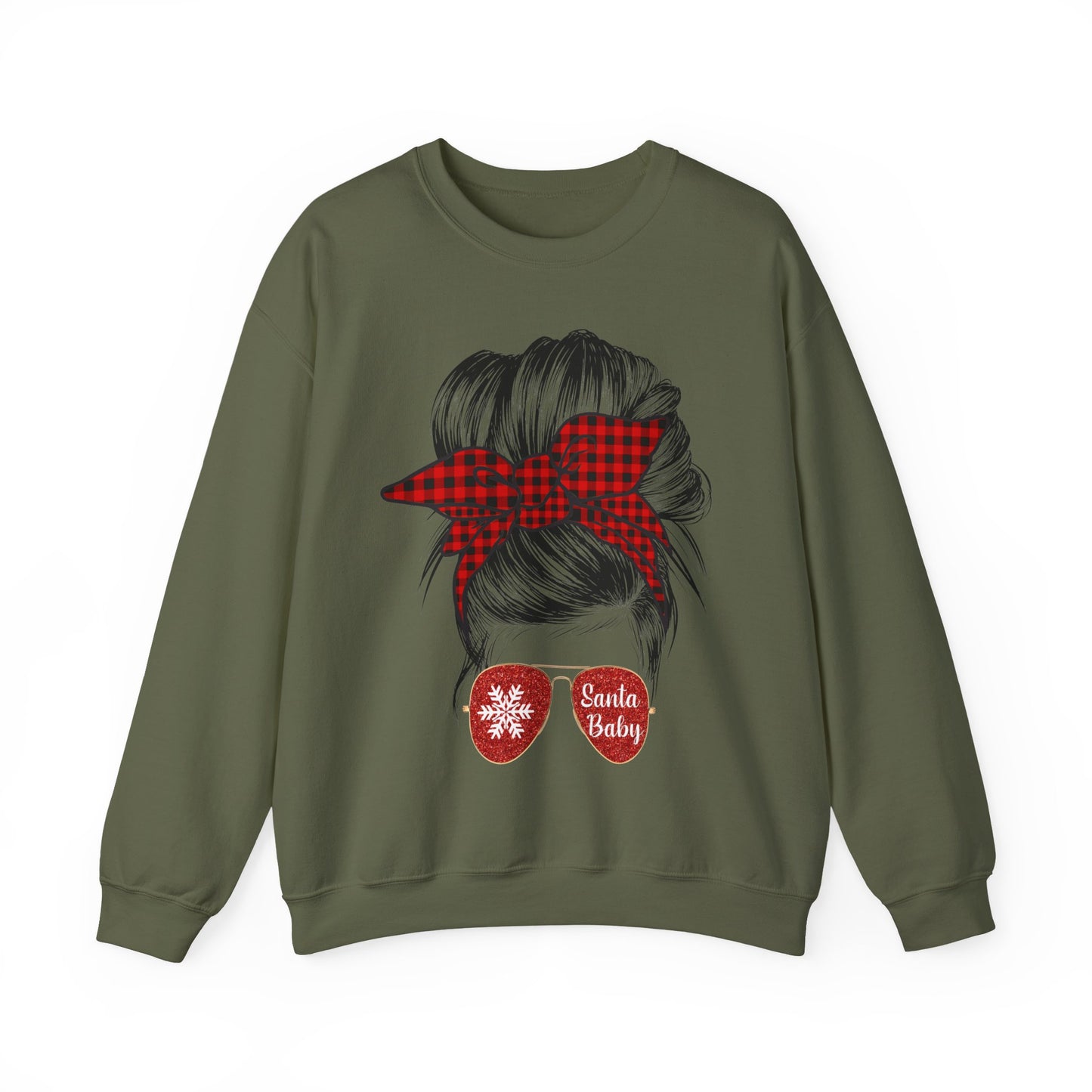 🎅✨ Santa Baby Buffalo Plaid Hair Bun Sweatshirt – Festive Holiday Vibes ❤️🖤