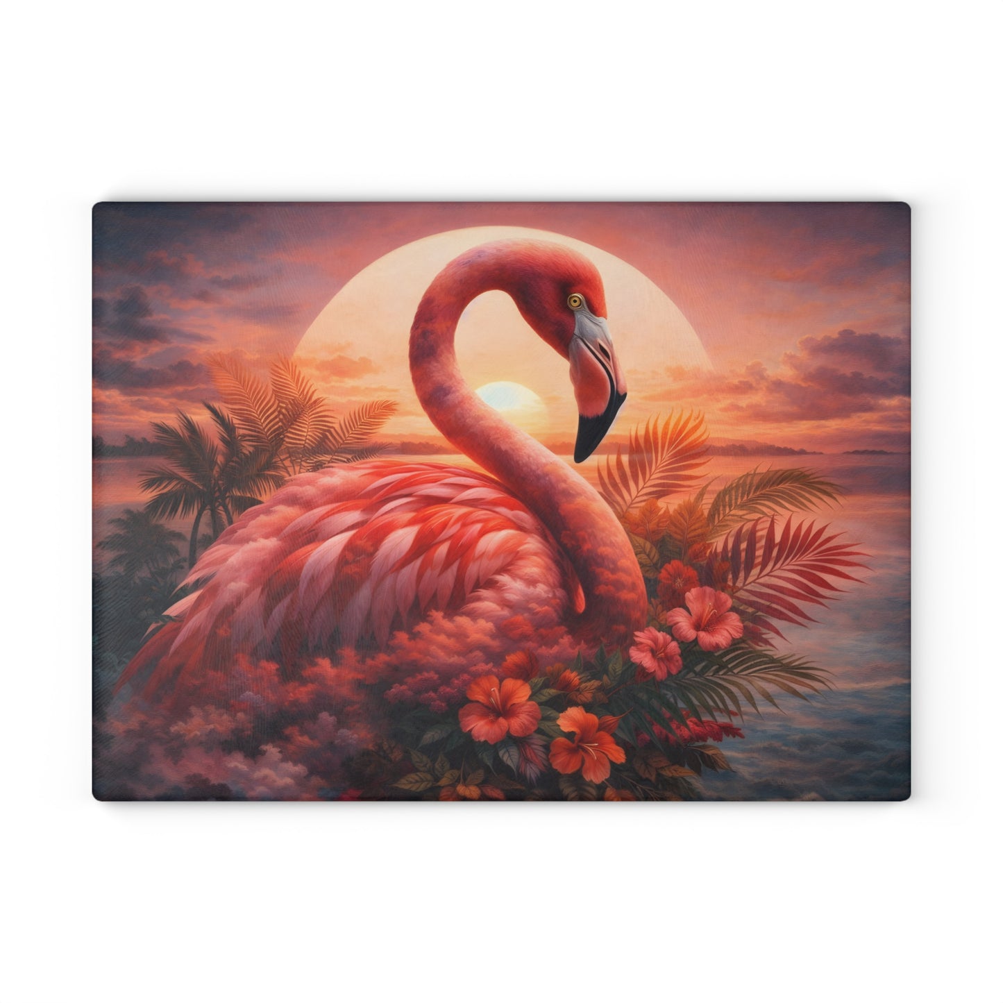 Flamingo Sunset Glass Cutting Board – Tropical Coastal Art Kitchen Display