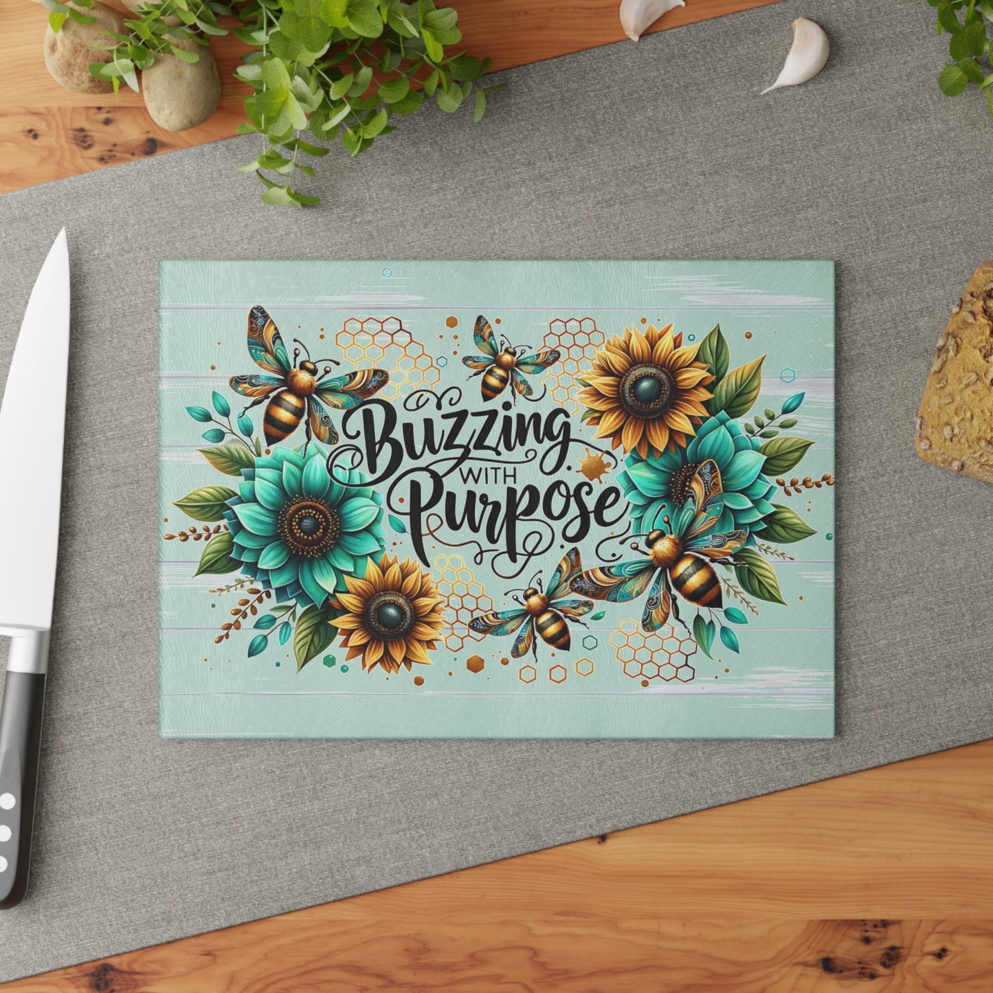 🐝🌻 “Buzzing with Purpose” Glass Cutting Board – Uplift Your Kitchen with Cheer
