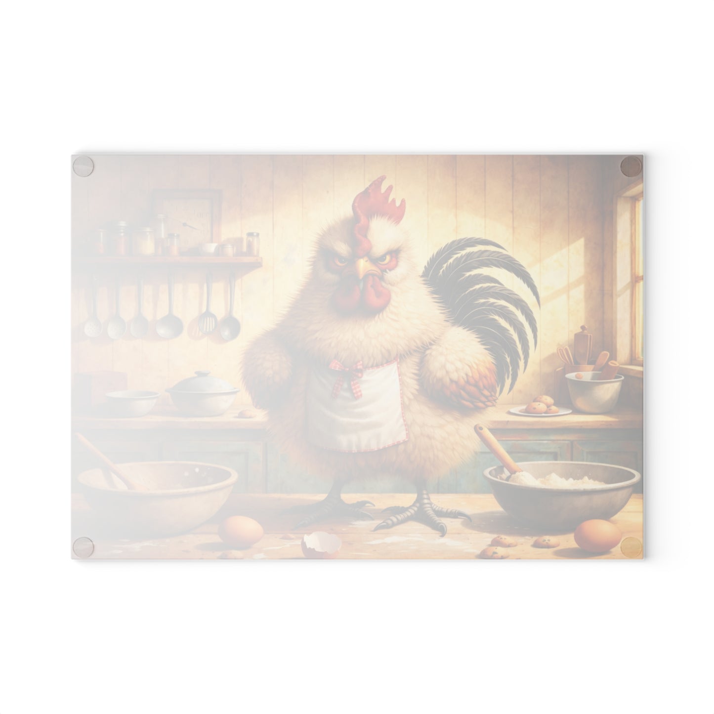 Feisty Farmhouse Chicken Glass Cutting Board – Rustic Kitchen Art with Attitude