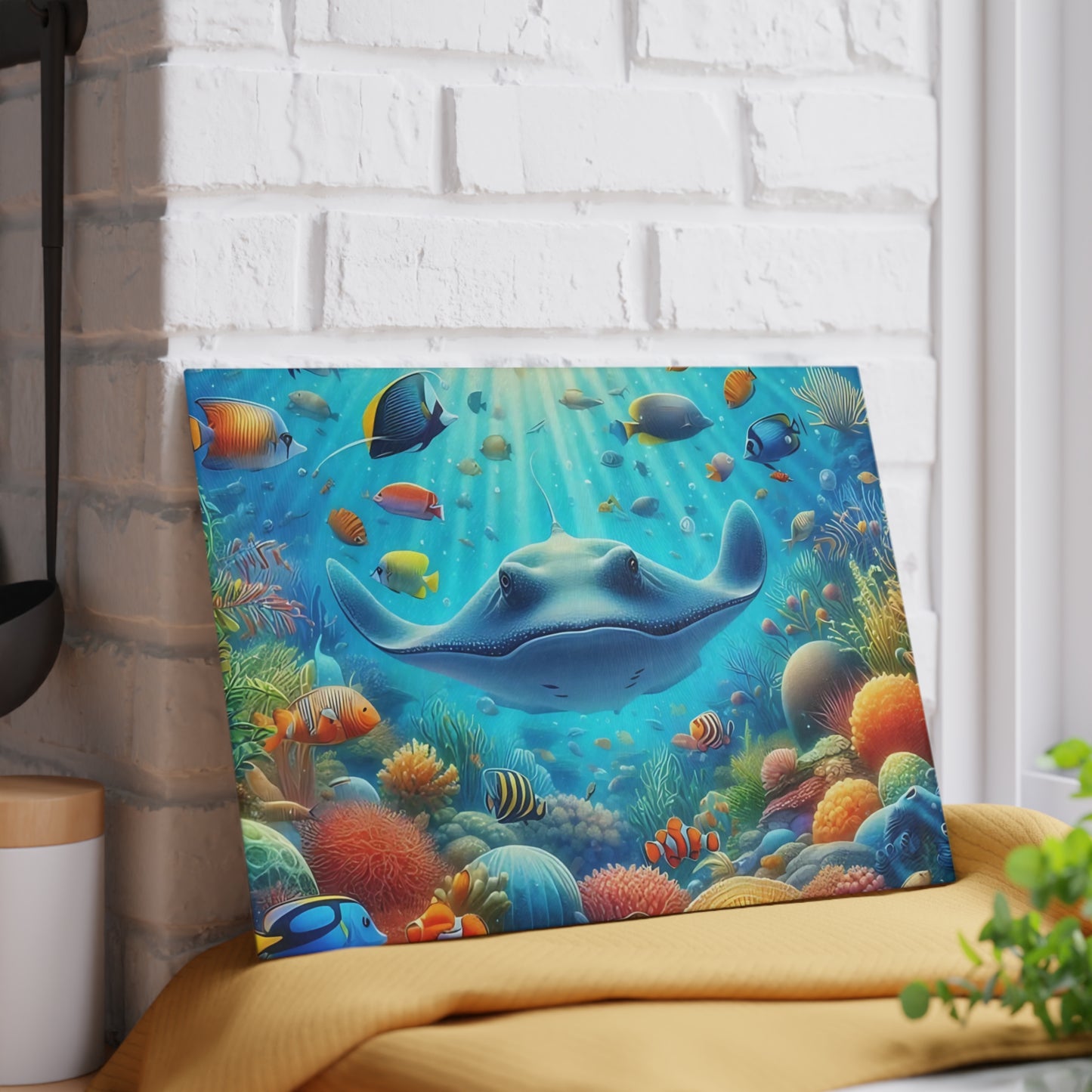 Tabla de cortar de vidrio con diseño de raya y arrecife de coral: decoración de cocina con vida marina y peces de agua salada