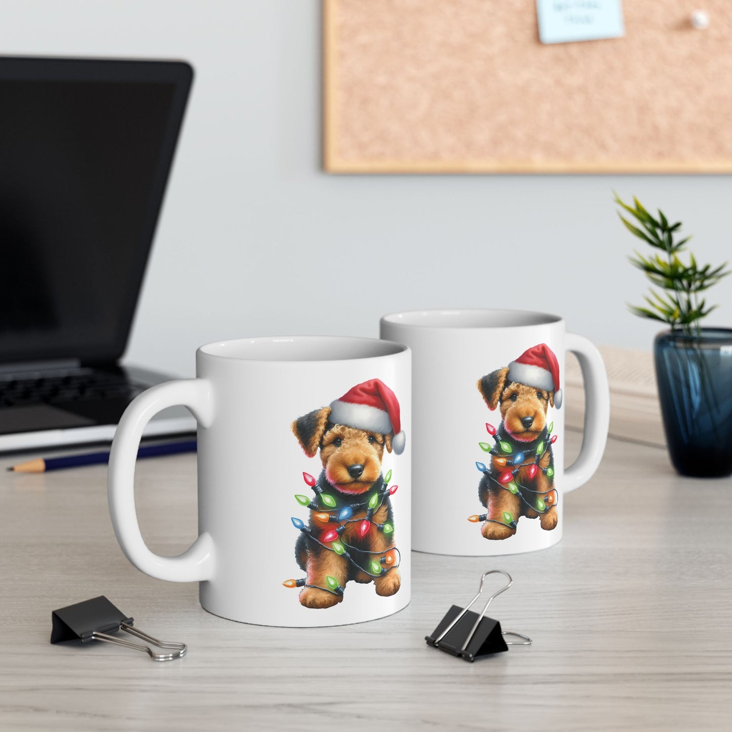 🎄 Airedale Terrier Christmas Mug – Jolly Pup with Santa Hat & Twinkling Lights 🎁