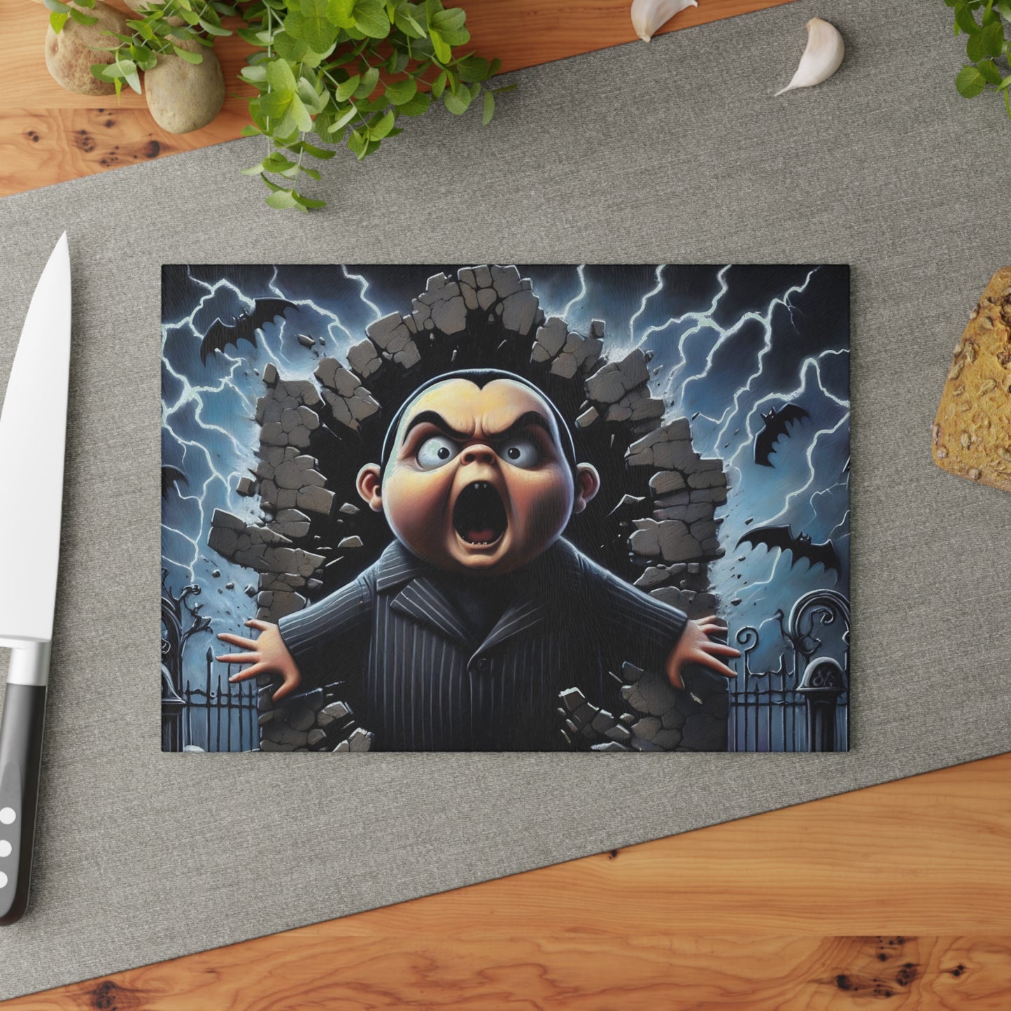 🦇 Screaming Darkling Cutting Board – Gothic Cartoon Chaos with Bats, Lightning & Broken Walls ⚡🍽️