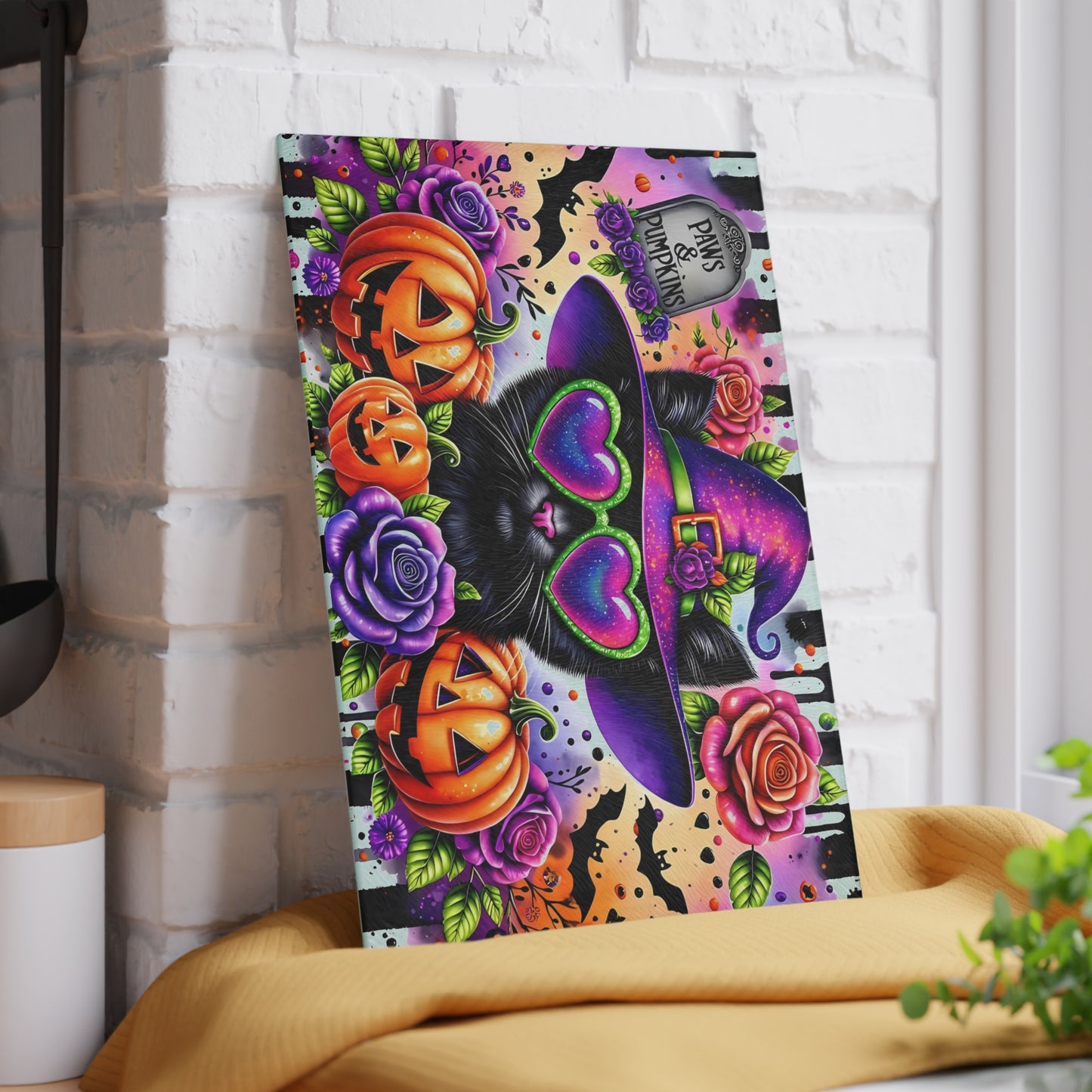 🐾🎃 Paws & Pumpkins Halloween Cat Cutting Board – Spooky Glam with Witchy Charm 🦇🌹